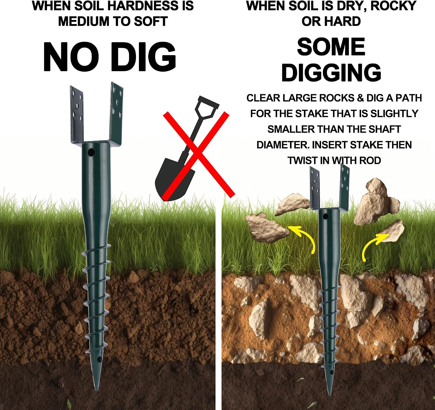 No Dig Ground Screw Anchor Spike – 27 inch U Shaped Post Stake for Mailbox and Fence, Includes Lag Bolts & Rebar, Fits Standard 4x4 (3.5' X 3.5' Inch) Post.