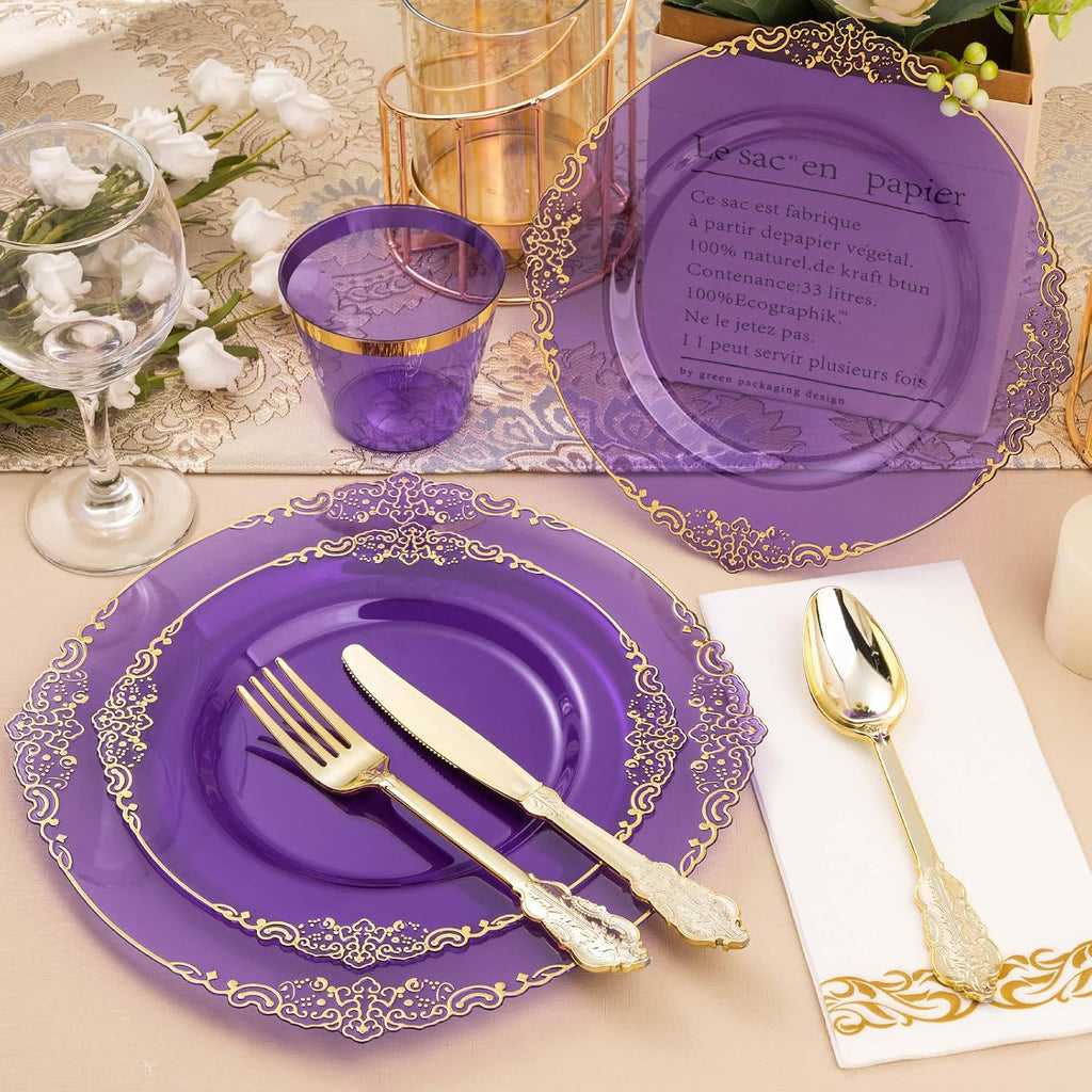 Bestluck 700PCS Clear Purple Plastic Plates for 100 Guests, Disposable Plate with Gold Trim include 100 Dinner plates, 100 Dessert Plates, 100 Gold Silverware, Cups and Napkins for Party, Graduation