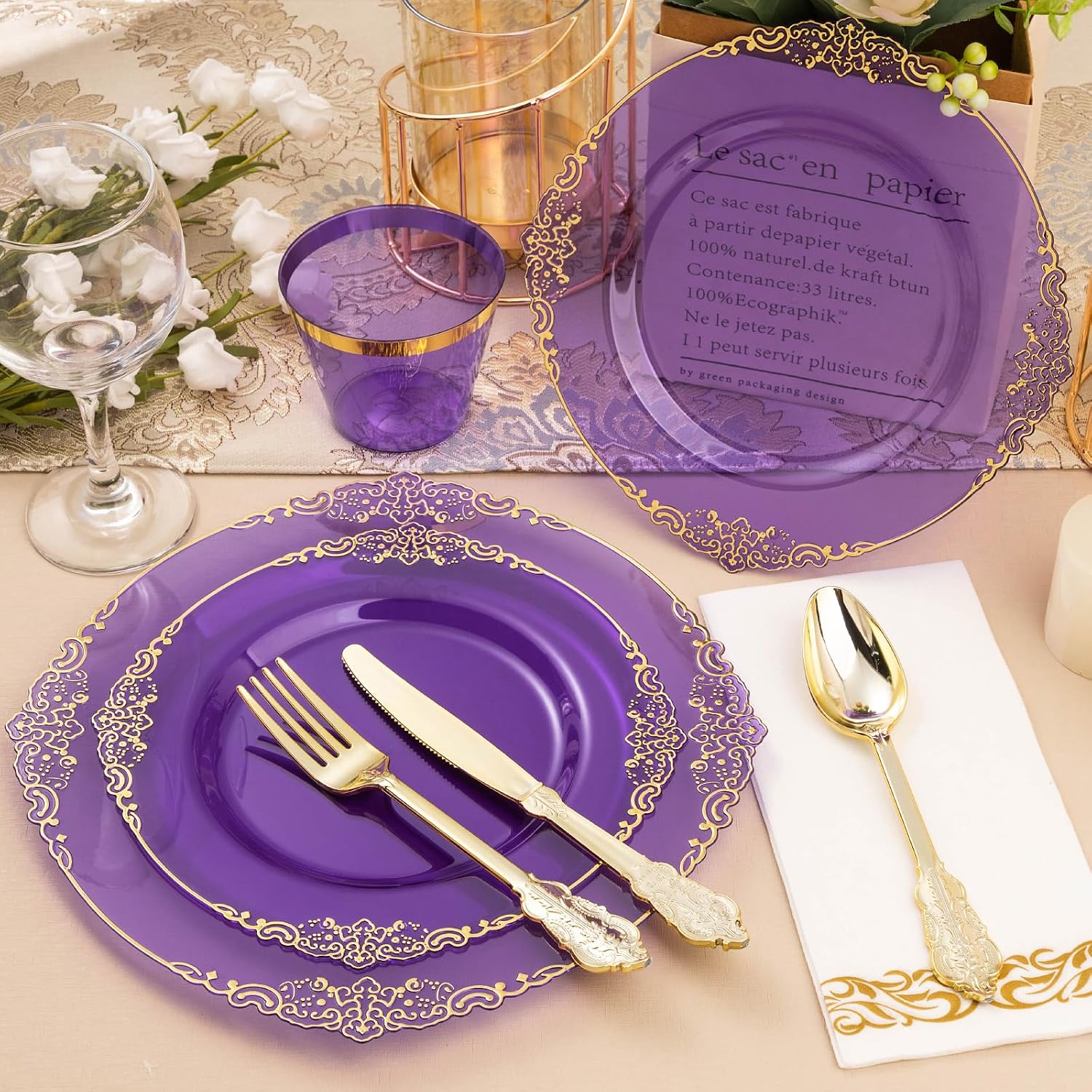 Bestluck 700PCS Clear Purple Plastic Plates for 100 Guests, Disposable Plate with Gold Trim include 100 Dinner plates, 100 Dessert Plates, 100 Gold Silverware, Cups and Napkins for Party, Graduation
