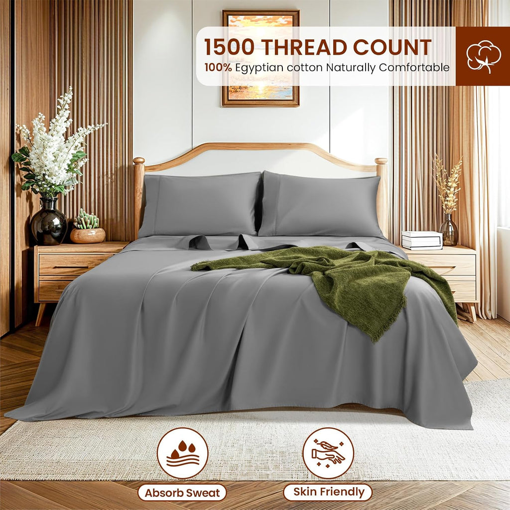 LBRO2M 1500 Thread Count Sheets 100% Egyptian Cotton Sheets Set Queen Size Sheets 16 Inches Deep Pocket Bedding 4 Piece Sets (Queen, Gray)