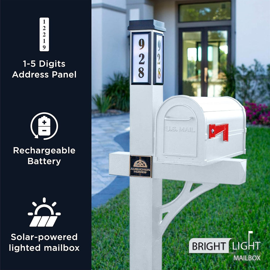 Brightlight Mailbox, Two Door Premium Aluminum Mailbox and Post with Solar Address Light, Illuminated House Numbers for Easy Navigation, Decorative Mailbox with Magnetic Door Latch (White)