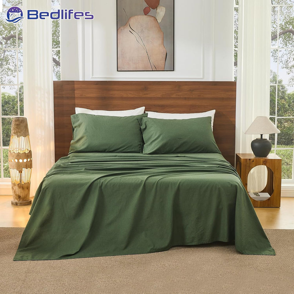 Bedlifes 100% French Pure Linen Sheets Queen Size Breathable and Cooling Flax Sheet Set Soft Durable and Moisture Wicking 16 Inch Deep Pocket-4 Piece(Queen,Forest Green)