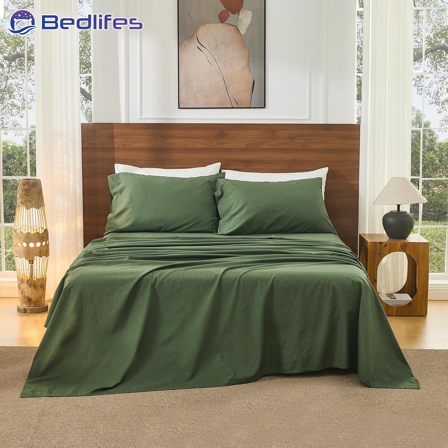 Bedlifes 100% French Pure Linen Sheets Queen Size Breathable and Cooling Flax Sheet Set Soft Durable and Moisture Wicking 16 Inch Deep Pocket-4 Piece(Queen,Forest Green)