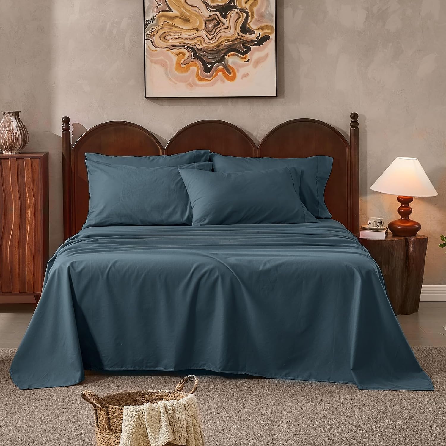 100% Linen Sheets California King Size,Breathable & Durable 4-Piece Bed Flax Sheet Set,Soft All-Season Bedding for Hot Sleepers 16' Deep Pocket Oeko-TEX Certified,（Cal King, Navy Grey）
