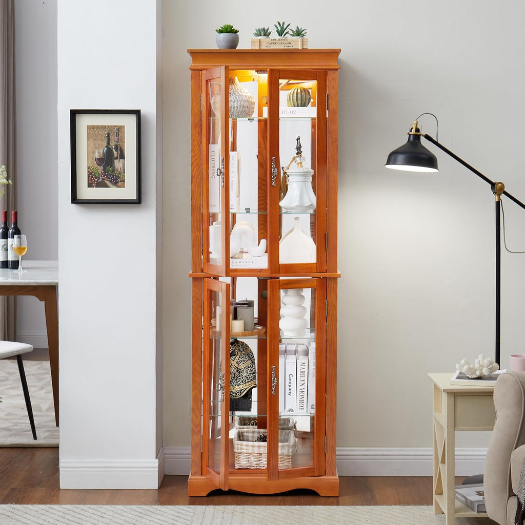70' H Lighted Curio Cabinet Display Case, Glass Curio Cabinets with Adjustable Shelves and Tempered Glass Door, Wooden Cabinet w/Mirrored Back Pane for Living Room (Oak)