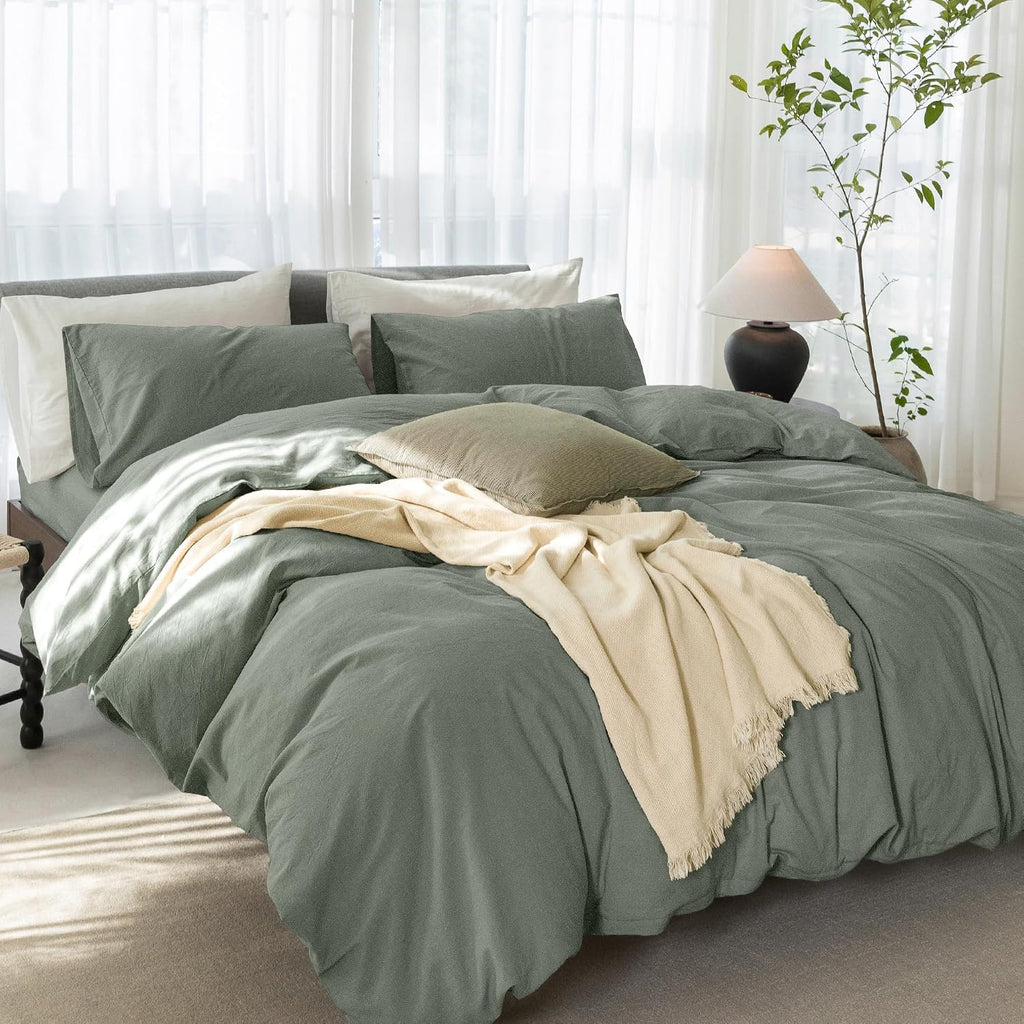 Oversized King Plus Cooling Duvet Cover Set - 3 Pieces 100% Cotton Bedding, Breathable, Crisp Linen-Like Texture, Naturally Soft & Gets Better，Hidden Zipper & Corner Ties – Green, 128'x120'