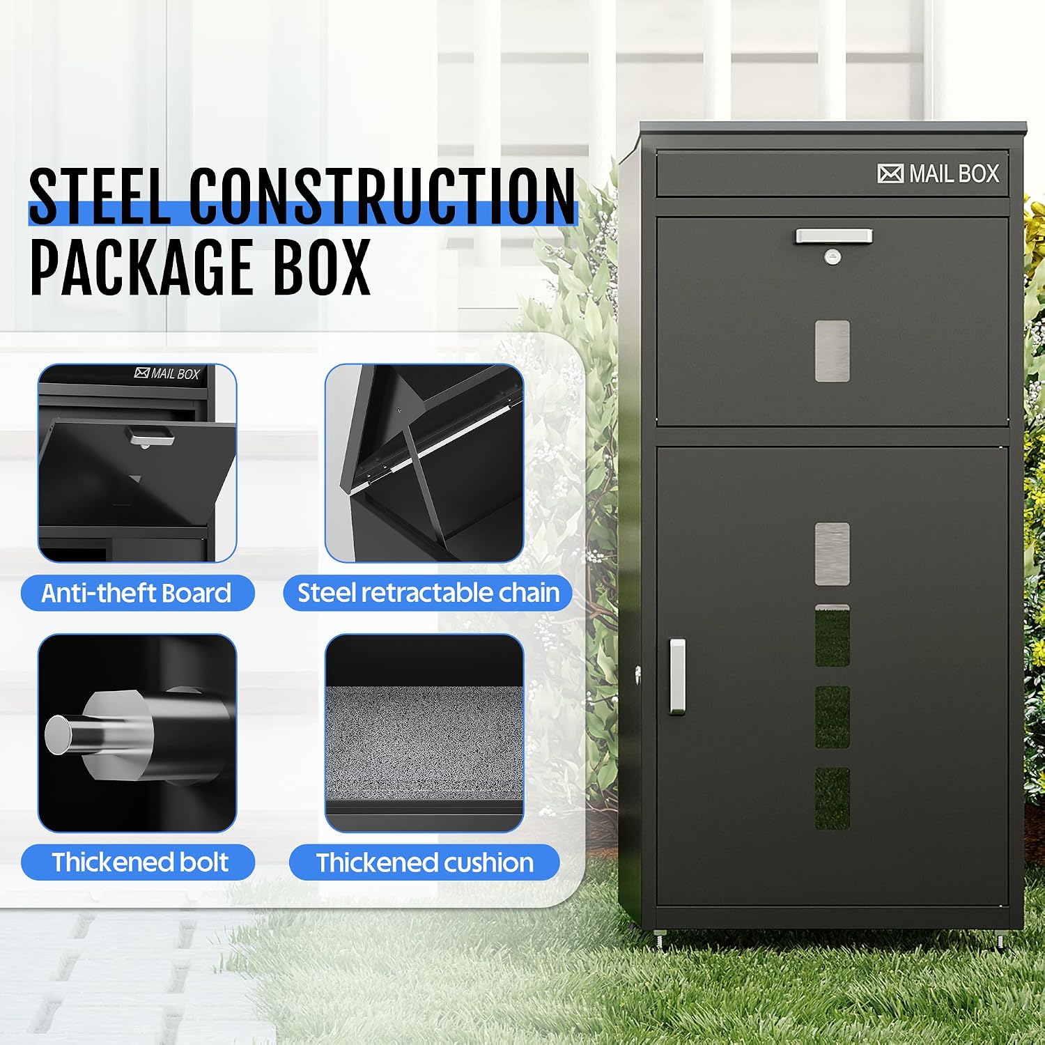 Parcel Drop Box with Mailbox, Extra Large Package Delivery Box for Outside, Anti-Theft Lockable Mail Box for Porch, Standing Courier Box for Packages and Letters with Delivery Sign, Black