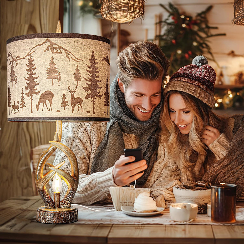 Scenekoy Antlers Style Table Lamp Set of 2 Rustic Bedside Lamp with Night Light Linen Fabric Shade Farmhouse Nightstand Lamps Decor for Living Room Bedroom House Home Office (Bulb Included)