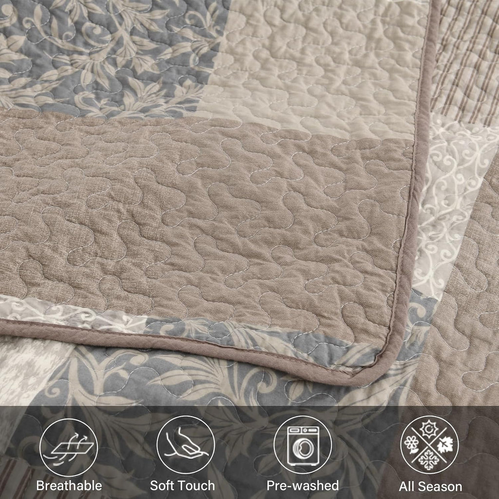 Finlonte 100% Cotton Quilt Set, Plaid Reversible Lightweight Quilted Bedspreads, 3-Piece, Gray/Brown/Beige, Queen Size