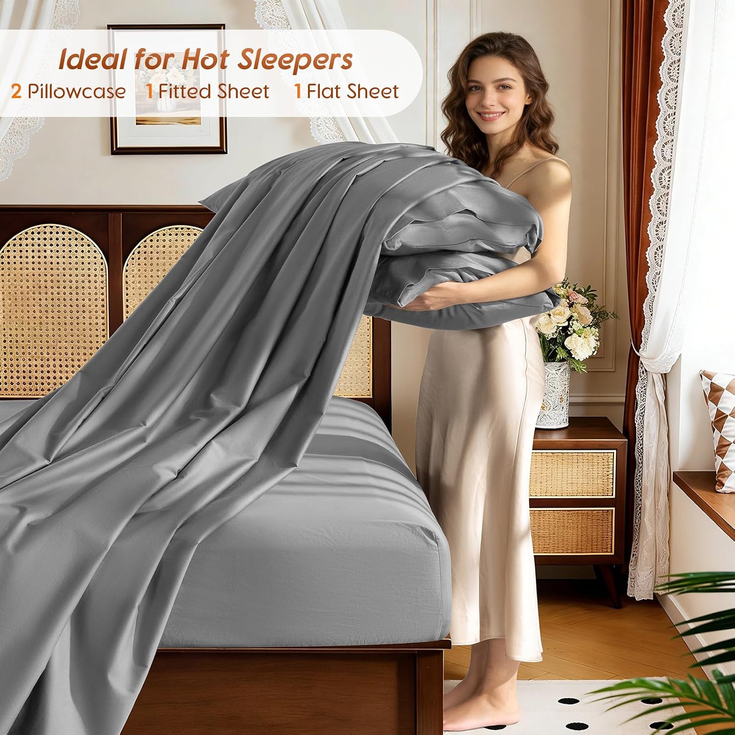 1200 Thread 100% Egyptian Cotton Sheet Sets Queen Size 4 Pcs Bedding Set, Fitted Sheet Deep Pocket Up to 16' Soft Bed Sheet for All Season (Queen, Gray)