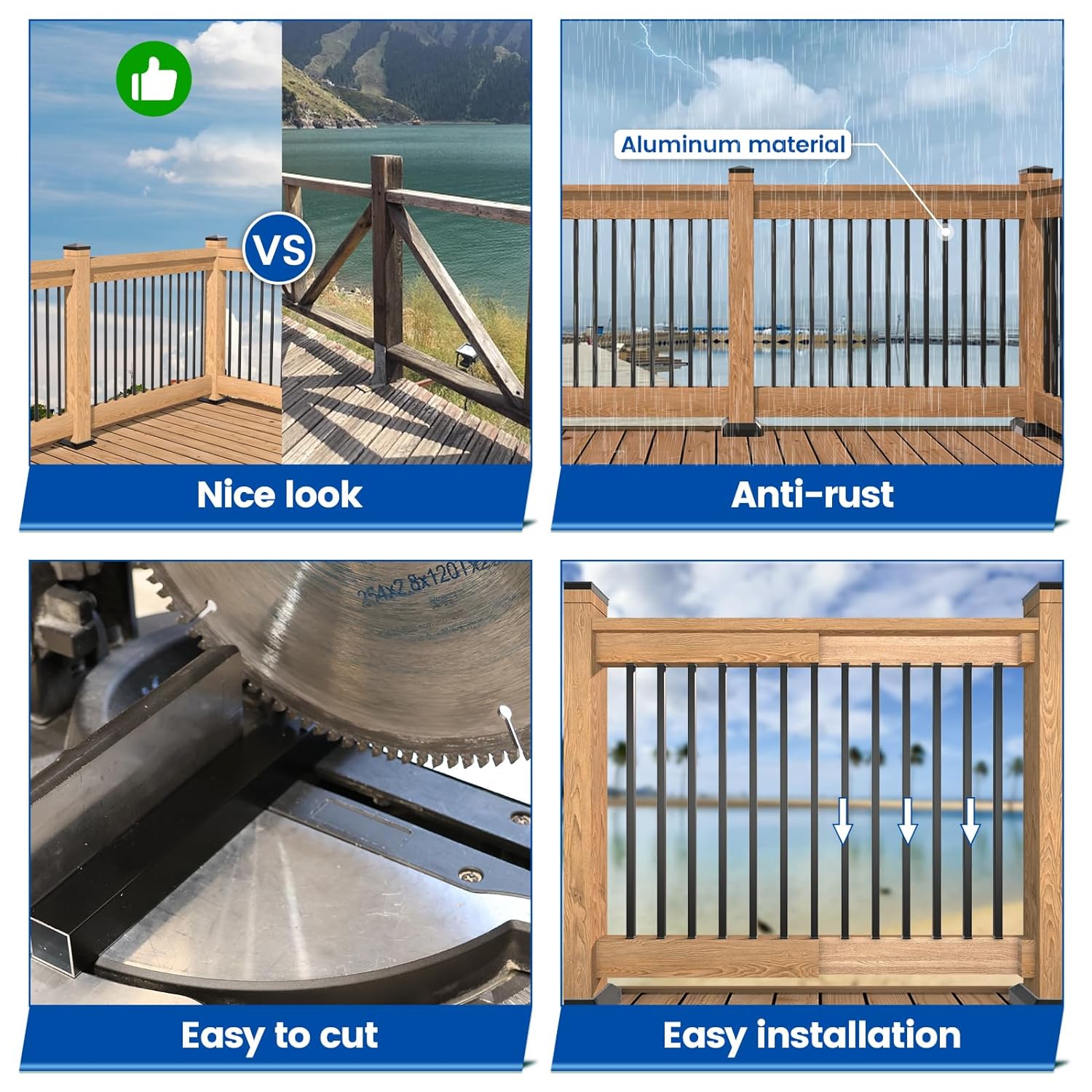Muzata 4Pack Adjustable Post Base Brackets Deck Post Anchor Fit for Deck Railing Mailbox WT32 Bundle with 50Pack 32' Aluminum Deck Balusters Square Black for Wood and Composite Deck WT26