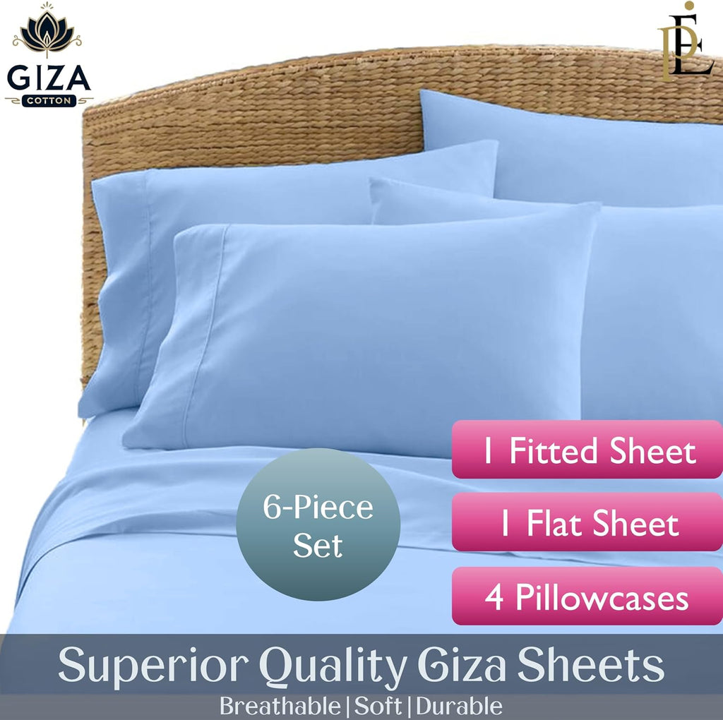 100% Giza Cotton, 1000 Thread Count, 6-PC Bed Sheet Set [Queen Size, Sky Blue Color] 18 inches Deep Pockets, Long Staple Cotton Breathable Soft Silky Sateen Weave