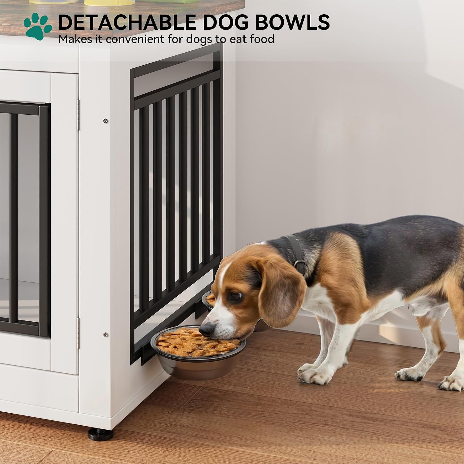 YITAHOME 35' Dog Crate Furniture, Wooden Side End Table with Adjustable Feet and Removable Bowls, Dog Kennel Indoor for Small Medium DogsV