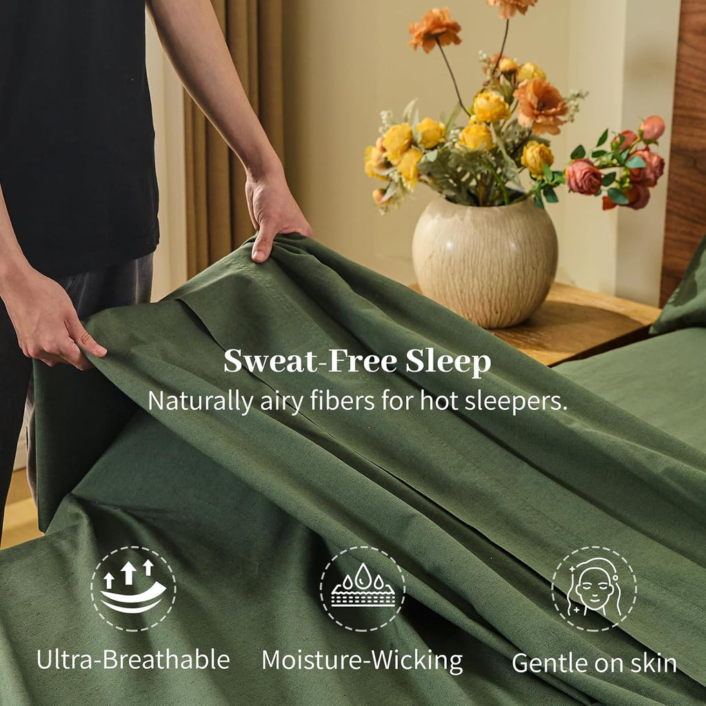 MEISHANG 100% French Pure Linen Sheets Queen Size - Bed Sheets 4 Piece Sets, Soft Durable Flax Linen, Anti-Tear Breathable Oeko-Tex Certified with 16' Deep Pocket (Forest Green)