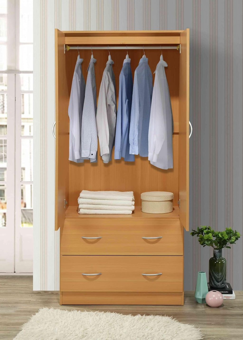 HODEDAH 2 Door Wood Wardrobe for Bedroom with Hanging Clothing Rod inside the Cabinet and 2 Drawers for Storage Organization, Multifunctional Closet with Mirror, Beech