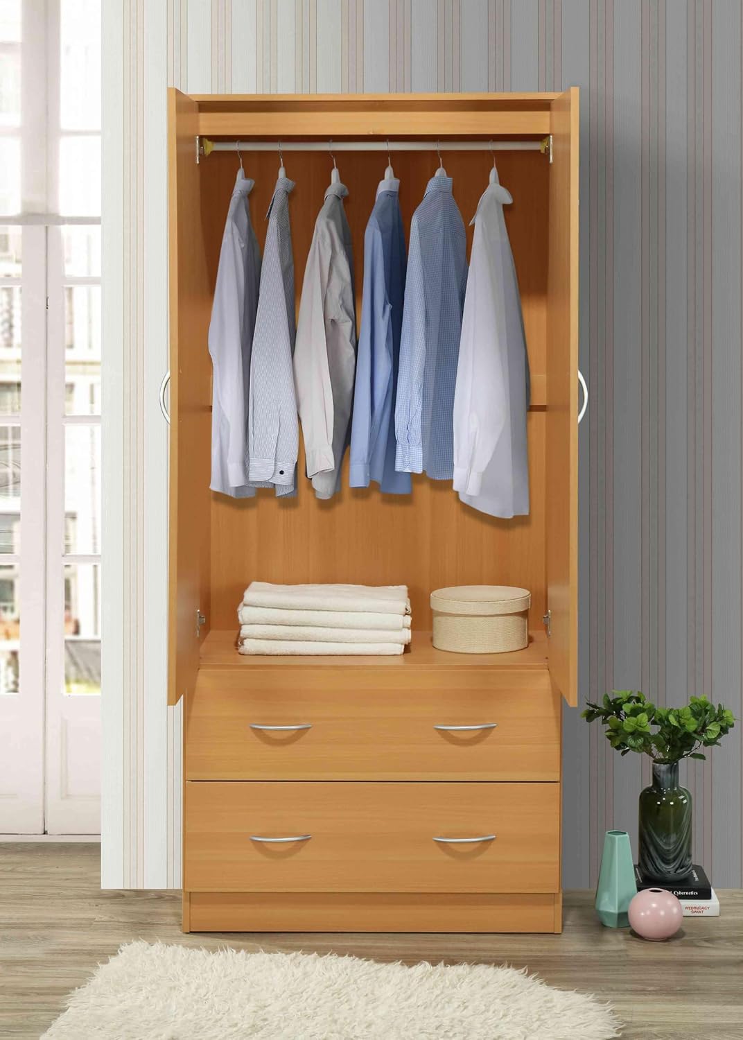 HODEDAH 2 Door Wood Wardrobe for Bedroom with Hanging Clothing Rod inside the Cabinet and 2 Drawers for Storage Organization, Multifunctional Closet with Mirror, Beech