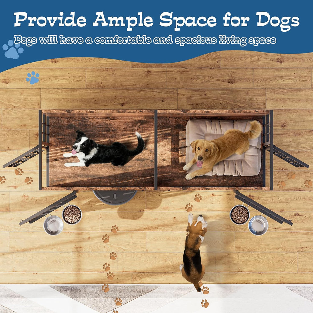 Grepatio 63' Double Dog Crate Furniture, Large Dog Kennel for 2 Dogs, Indoor Wooden Dog Crate with Rotating Feeder Bowls and 4 Doors, Heavy Duty Dog House TV Stand with Removable Divider