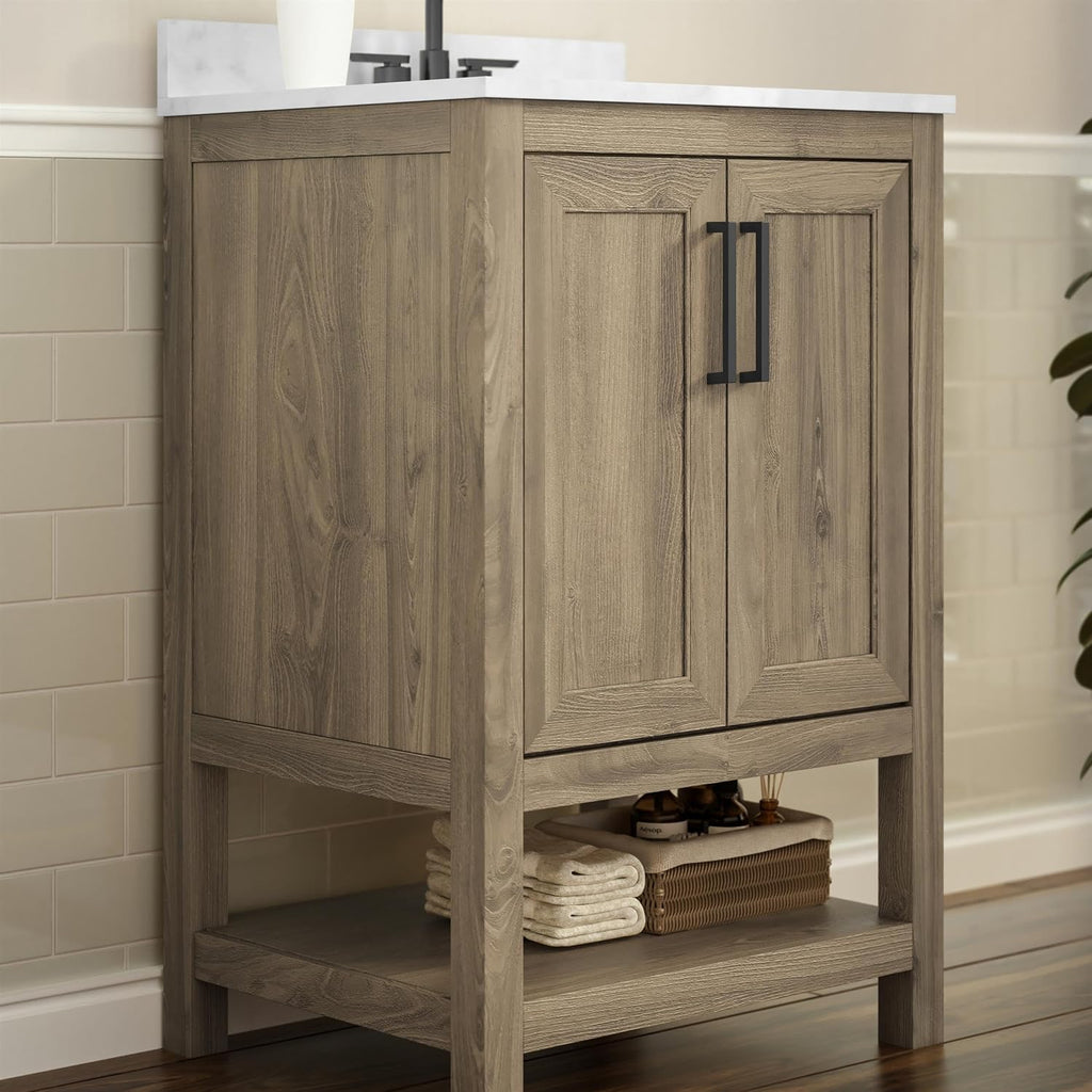 Flash Furniture Vega 24 Inch Bathroom Vanity with Sink Combo, Storage Cabinet with Soft Close Doors and Open Shelf, Carrara Marble Finish Countertop, Brown/White