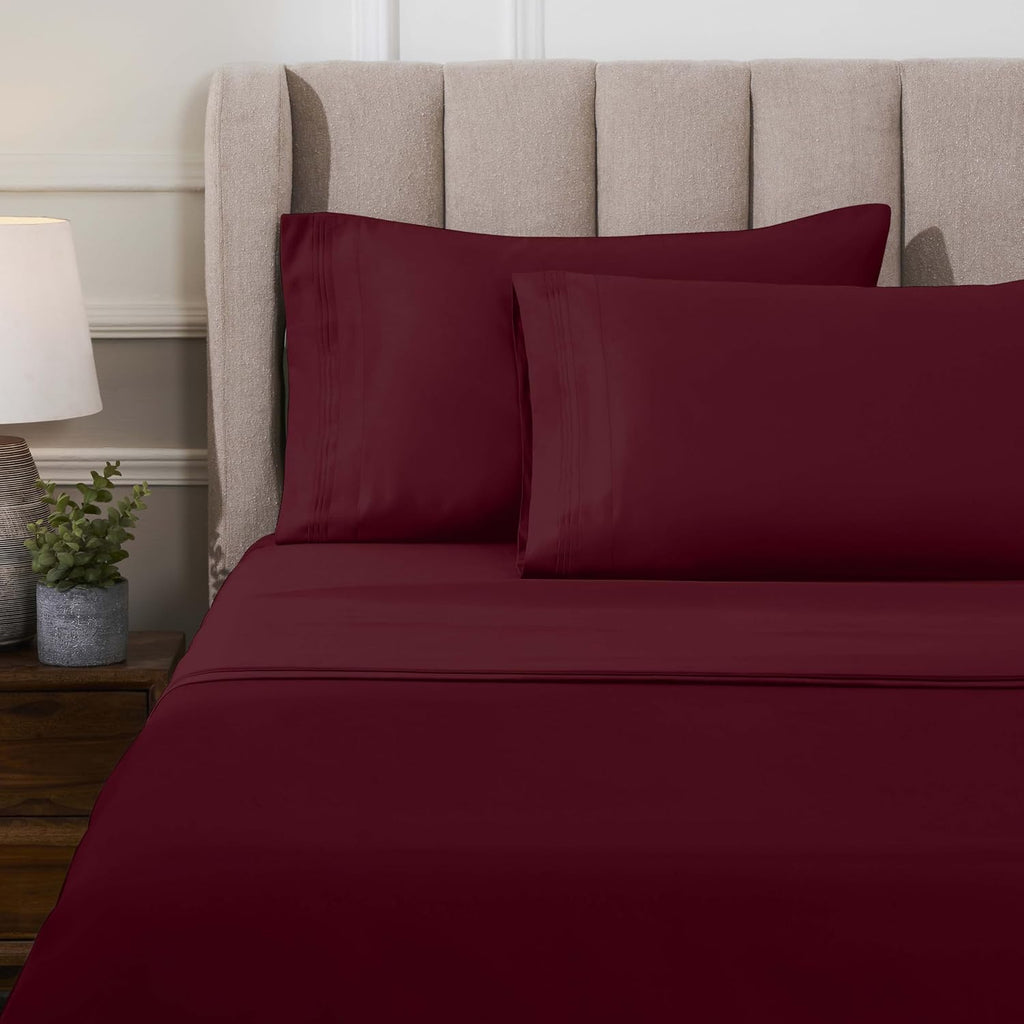 Superior Egyptian Cotton 4 Piece Sheet Set, Luxury 1000 Thread Count, Eco-Friendly, Sustainable Sheets, Ultra-Soft Basics, Solid, Deep Pocket Fitted Sheet, Flat Sheet, Pillowcases, Queen, Burgundy