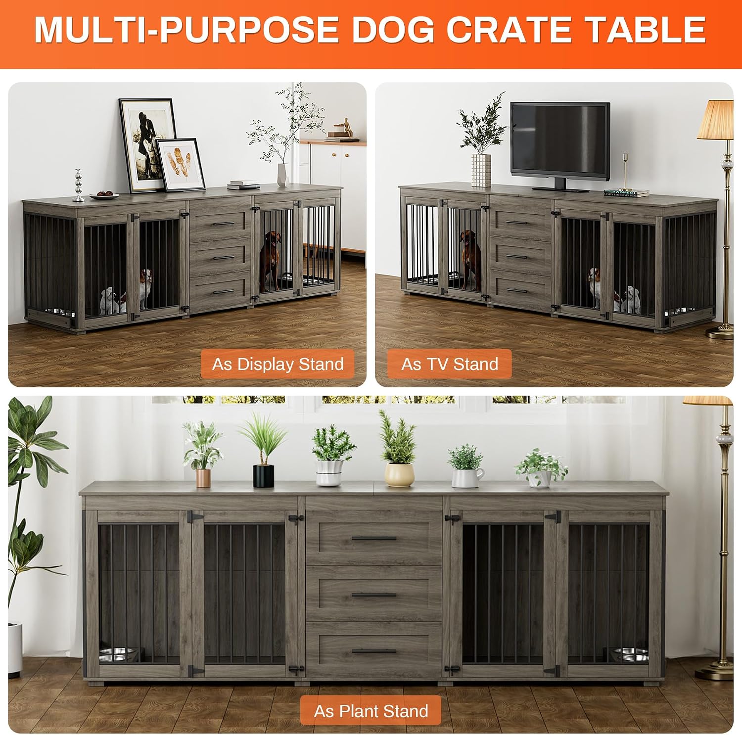 Rophefx 94.5' Dog Crate Furniture for 2 Dogs, Large Dog Kennel Furniture with 3 Storage Drawer, Wooden Dog Cage with 4 Bowls, Indoor Dog House TV Stand with Locks for Large Medium Dog, Grey