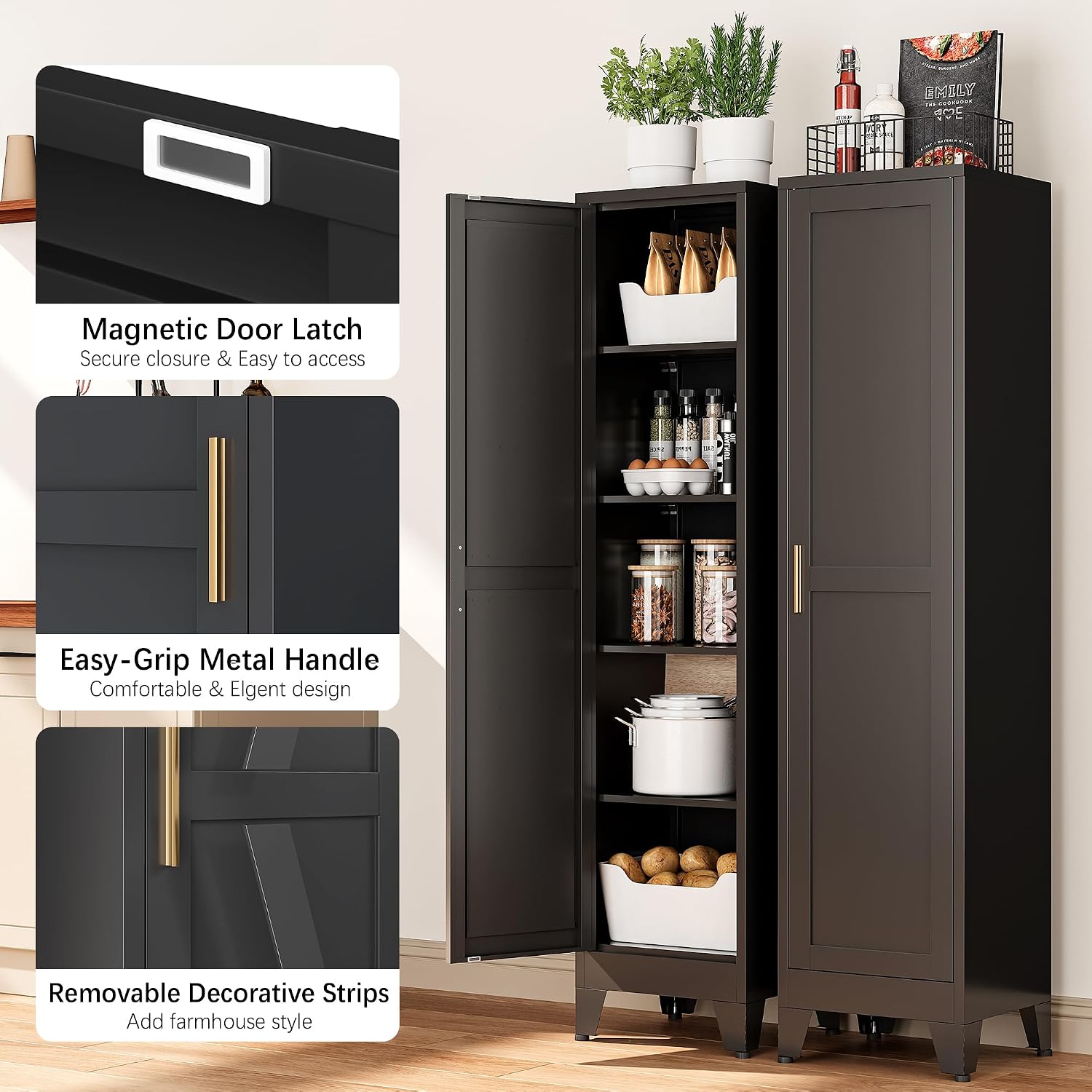 Bevivog Tall Narrow Storage Cabinet, 67' Single Door Metal Storage Locker Cabinet, Freestanding Tall Kitchen Pantry Cabinets for Small Space
