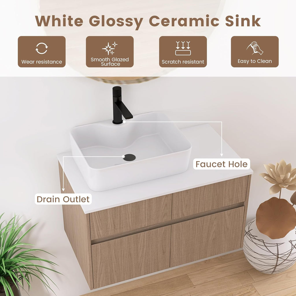 32 Inch Floating Bathroom Vanity with Sink, Modern Wall Mounted Cabinet, Ceramic Vessel Basin, 2 Soft Close Doors and 2 Drawer, Light Walnut