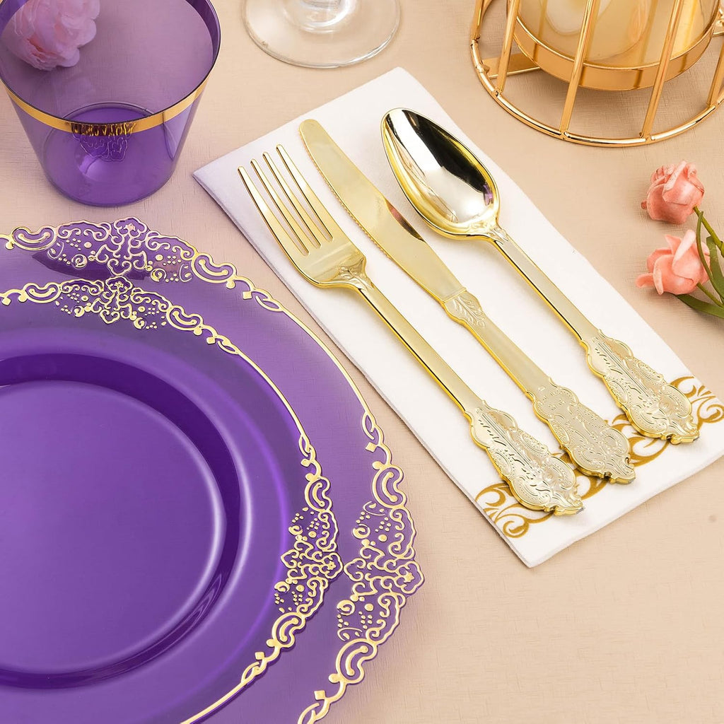 Bestluck 700PCS Clear Purple Plastic Plates for 100 Guests, Disposable Plate with Gold Trim include 100 Dinner plates, 100 Dessert Plates, 100 Gold Silverware, Cups and Napkins for Party, Graduation