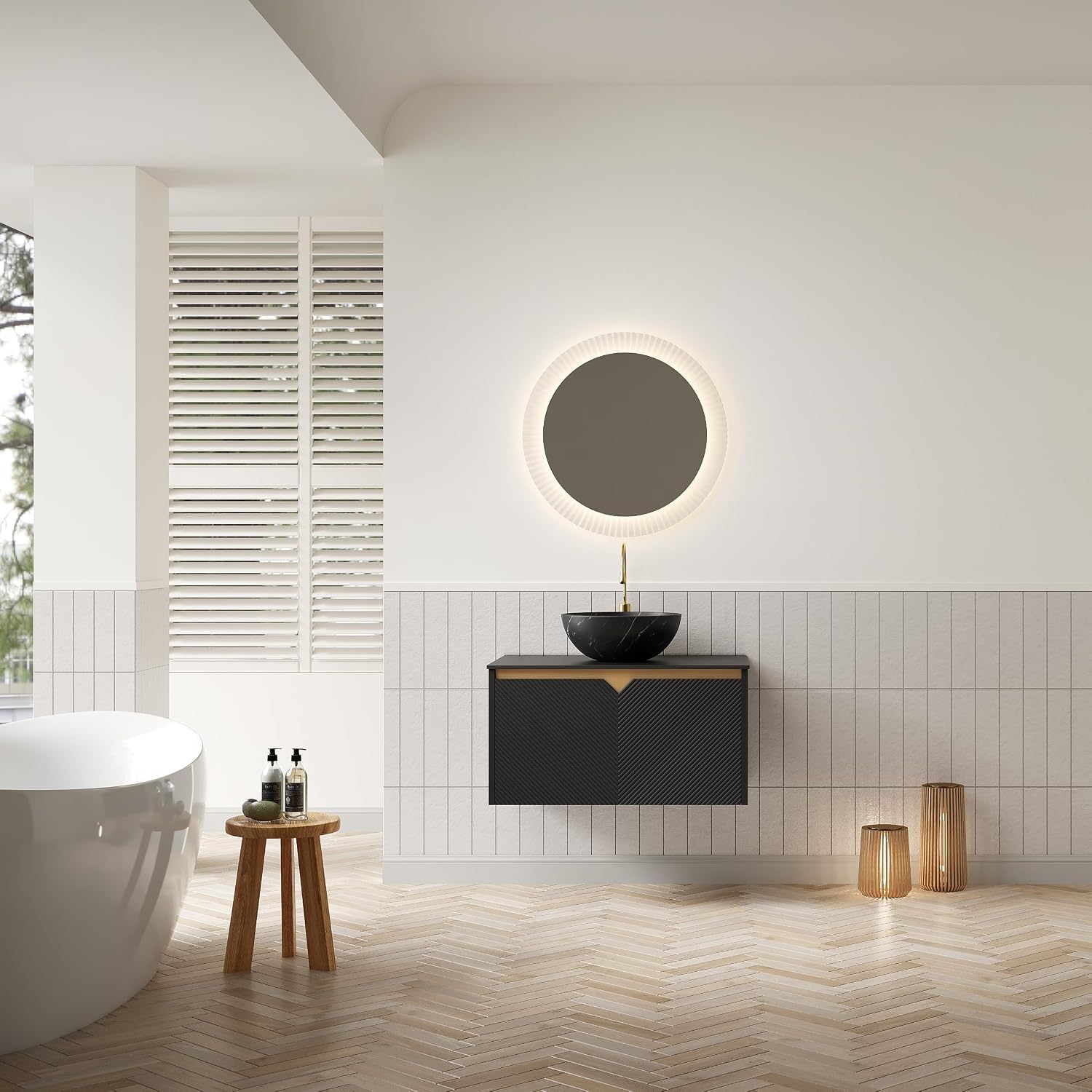 30 Inch Bathroom Vanity with Sink, Floating Fluted Vanity with Vessel Sink, Modern Bathroom Vanity Cabinet with 2 Doors, Bowl Vessel Sink & Sintered Stone Top, Black