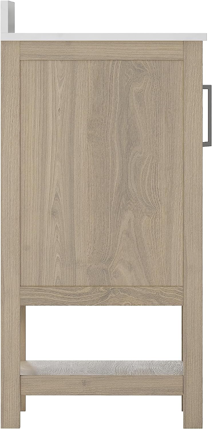 Flash Furniture Vega 30 Inch Bathroom Vanity with Sink Combo, Storage Cabinet with Soft Close Doors and Open Shelf, Carrara Marble Finish Countertop, Brown/White