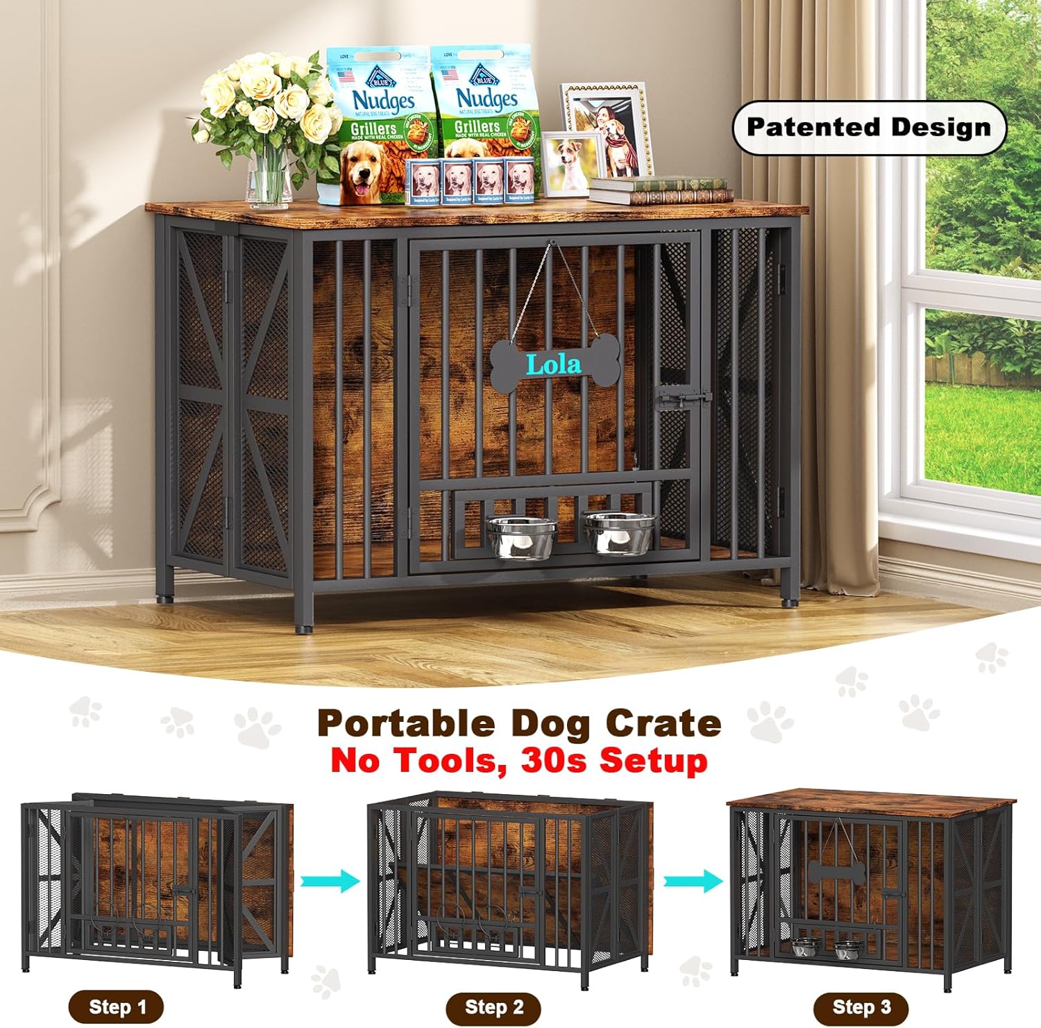 Easycom Foldable Large Dog Crate Furniture, 41.3' Assembly-Free Dog Crates for Large Dogs, Wooden Dog Kennel Indoor with Tag & Dog Bowls, Dog Cage Use as TV Stand, Rustic Brown