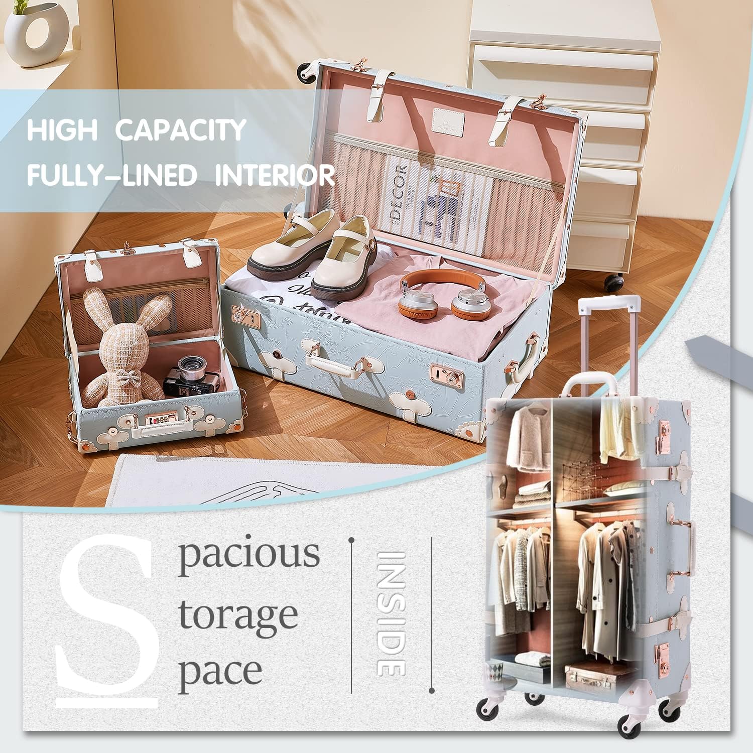 Unitravel 2 Piece Vintage Suitcase Set, 26' Women Cute Travel Luggage with 12' Handbag, Hardside Faux Leather Spinner Trunk with TSA Lock (Embossed Blue)