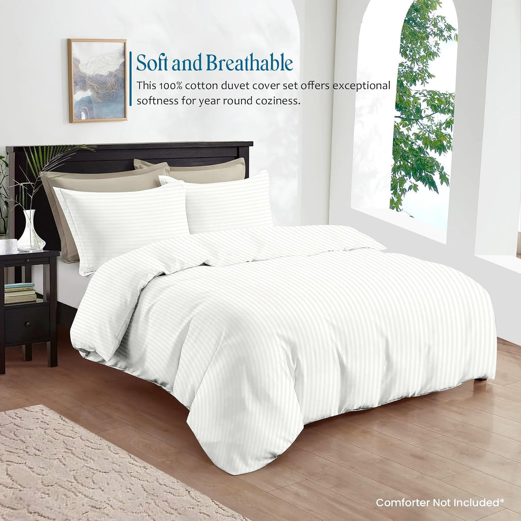 Duvet Cover Set – 3-PC, 400 Thread Count Egyptian Cotton, Easy Zipper Closure - Eastern King Size (108' x 118') Inches, White Stripe