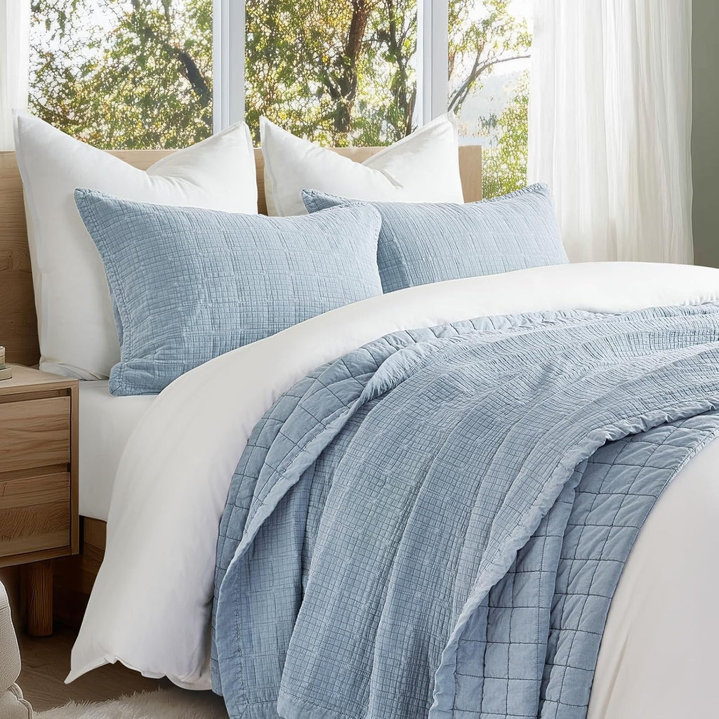 EVERGRACEHOME Stonewashed Cotton Quilt Set Queen Size, Ultra Soft Oversized Bedspread Coverlet Set, Lightweight Crinkle Box Stitch Bedding Sets for All Season, with 2 Matching Shams, Blue Linen