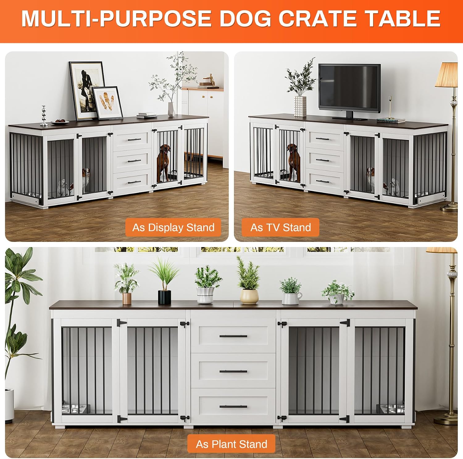 Rophefx 94.5' Dog Crate Furniture for 2 Dogs, Large Dog Kennel Furniture with 3 Storage Drawer, Wooden Dog Cage with 4 Bowls, Indoor Dog House TV Stand with Locks for Large Medium Dog, White