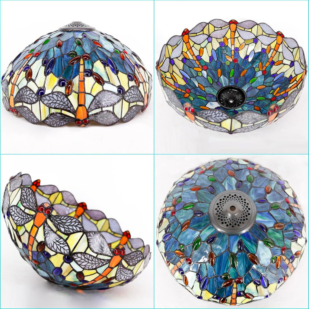 Large Tiffany Lamp Shade Replacement Only 16Inch Stained Glass Lampshade Fit For Table Lamps FLoor Lamp Ceiling Fixture Pendant Hanging Light Home Office Decoration (Blue Yellow Dragonfly)