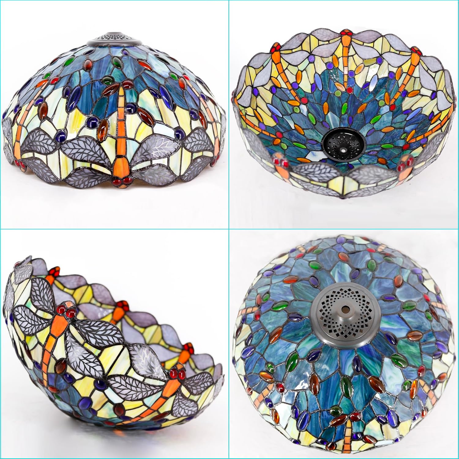 Large Tiffany Lamp Shade Replacement Only 16Inch Stained Glass Lampshade Fit For Table Lamps FLoor Lamp Ceiling Fixture Pendant Hanging Light Home Office Decoration (Blue Yellow Dragonfly)