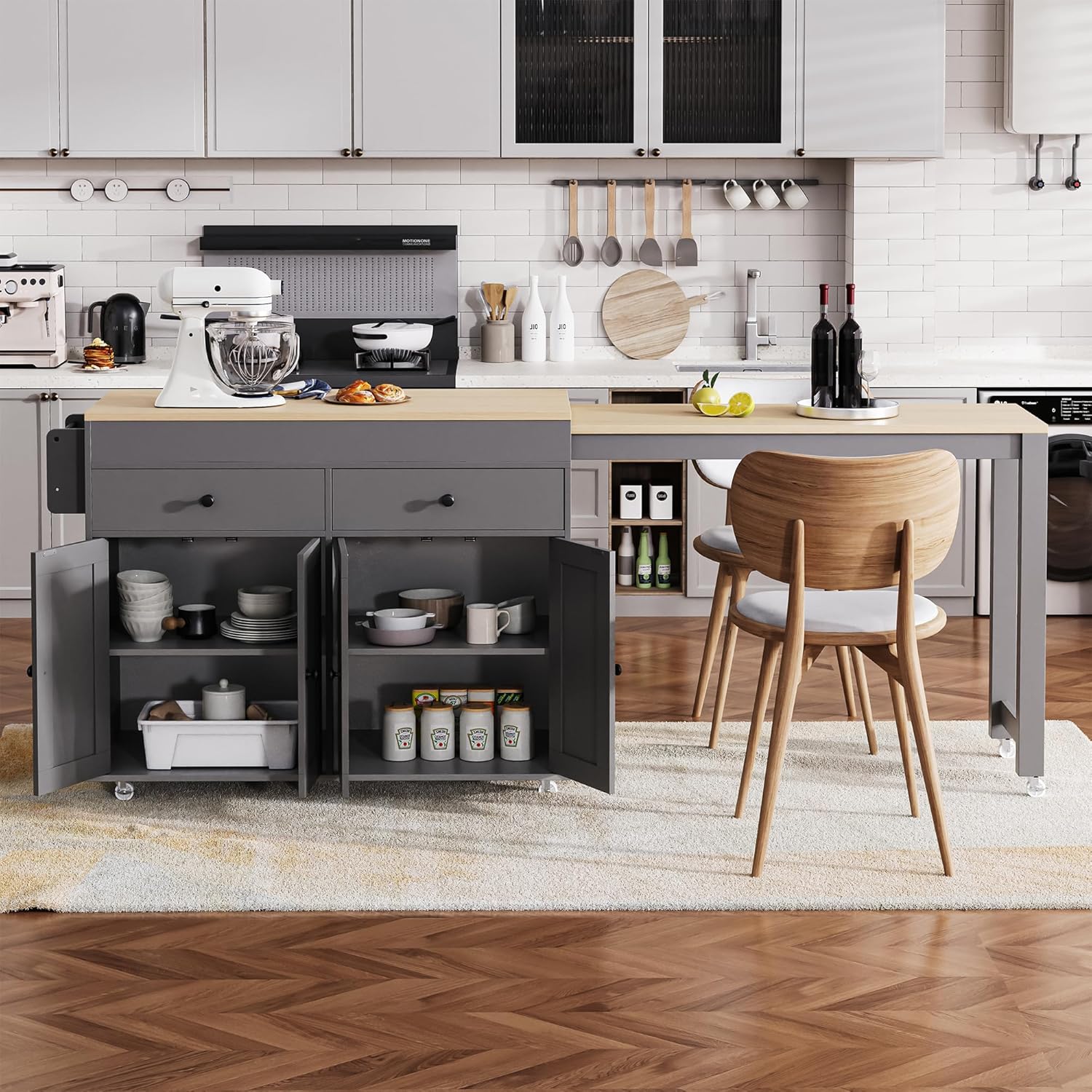 RUNNA 74.5 inch Modern Grey Kitchen Island with Extendable Dining Table, Rolling Storage Cart with 4 Door Cabinet, Spice Rack, 2 Drawers, for Kitchen, Dining Room