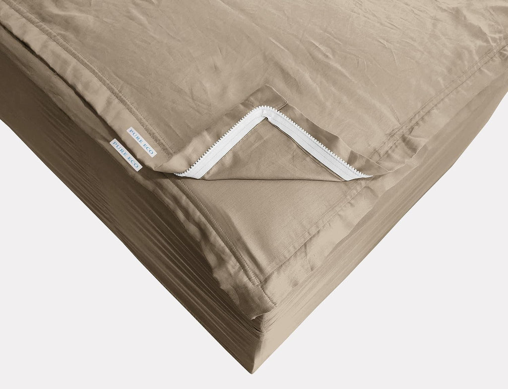 Zipper Fitted Sheet - Includes 1 Fitted Sheet Base & 2 Zip-On Sheets - Upto 16' in. Deep Pockets Queen Size Zipper Fitted Sheet - Easy to Change, Sateen Cotton 600 TC Fitted Sheet - Baige