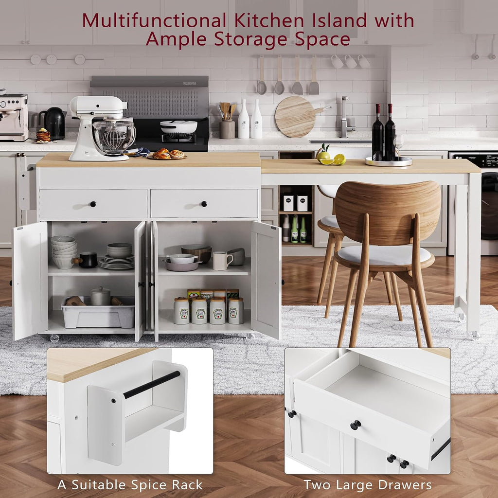 RUNNA 74.5 inch Kitchen Island with Extendable Dining Table,Rolling Island on Wheels with Spice Rack and 2 Drawers,Kitchen Storage Cart with 4 Door Cabinet (Off White#009)