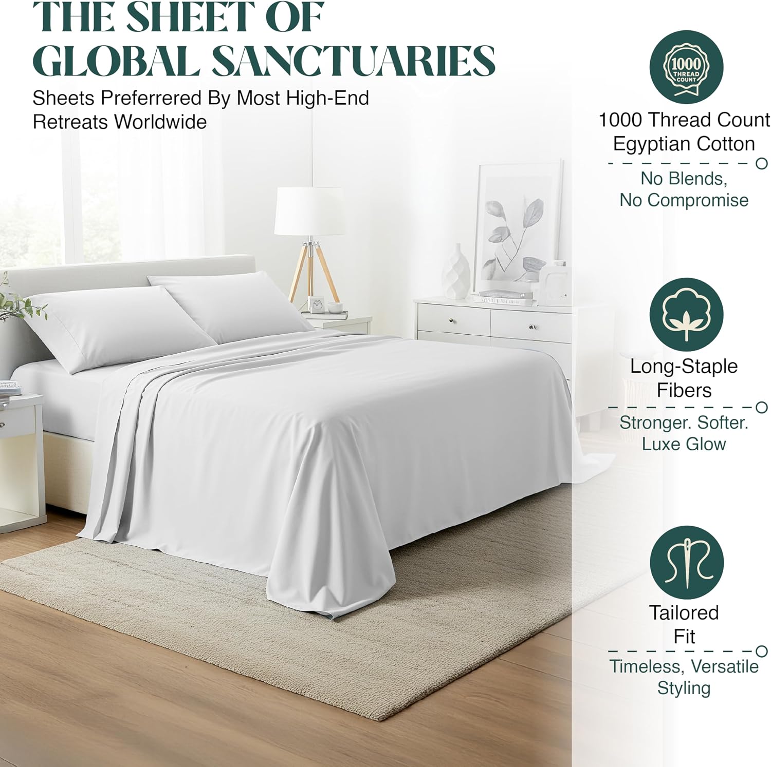 100% Egyptian Cotton Sheet Set Queen Size 4 PCs Sateen Weave Cooling Soft Wrinkle Resistant 18 inches Deep Pocket | 1 Fitted Sheet, 1 Flat Sheet, 2 Pillowcases | White