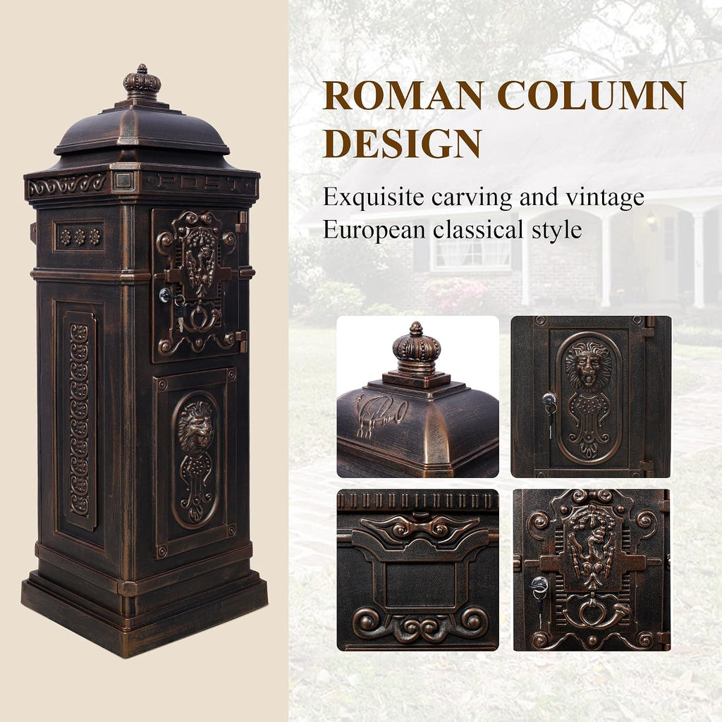 Vintage Large-Capacity Cast Aluminum Mailbox, Outdoor Weatherproof Floor Standing Postbox, Decorative Copper Finish Letter Box with Lock, Roman Column Design for Home Use (Bronze)