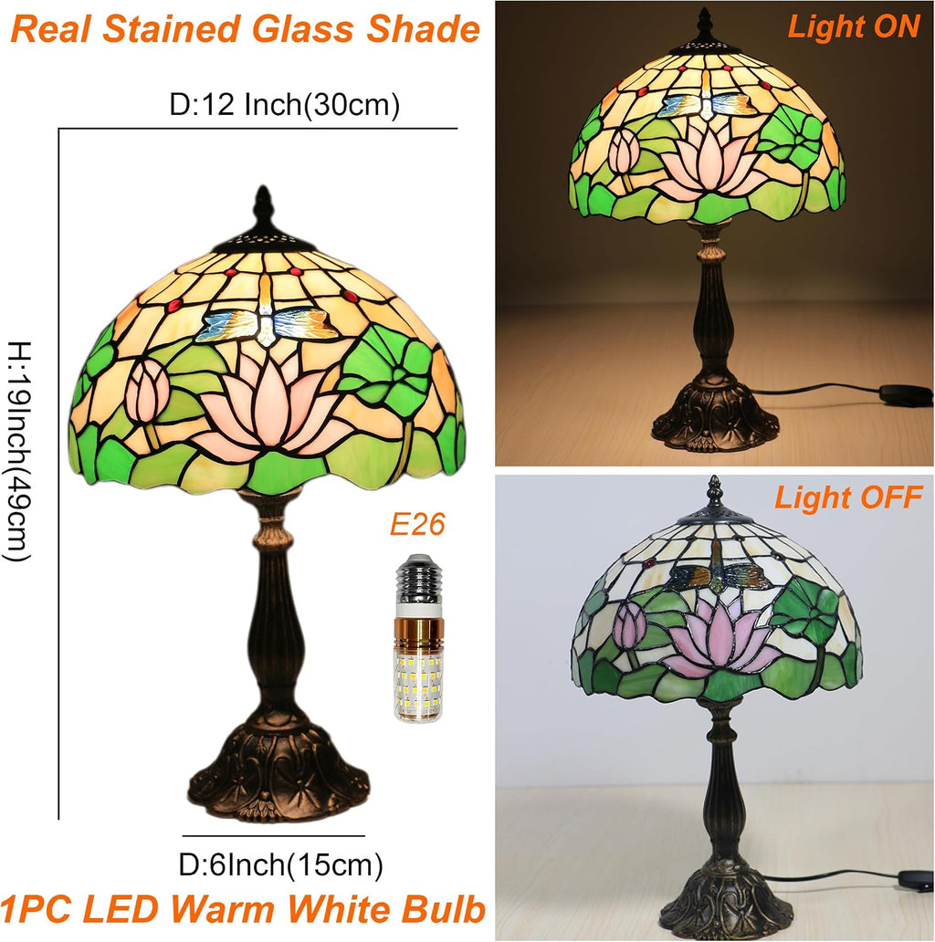Tiffany Side Table Lamps for Living Room W/LED Bulb Lotus Flower Stained Glass Shade Bedside End Table Lamp 12X12X19Inch Desk Lamps for Home Office Classic Farmhouse Reading Table Lamps