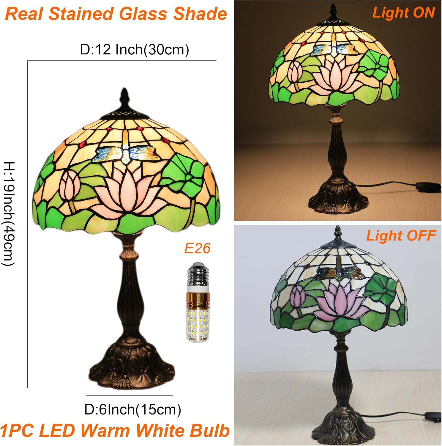 Tiffany Side Table Lamps for Living Room W/LED Bulb Lotus Flower Stained Glass Shade Bedside End Table Lamp 12X12X19Inch Desk Lamps for Home Office Classic Farmhouse Reading Table Lamps