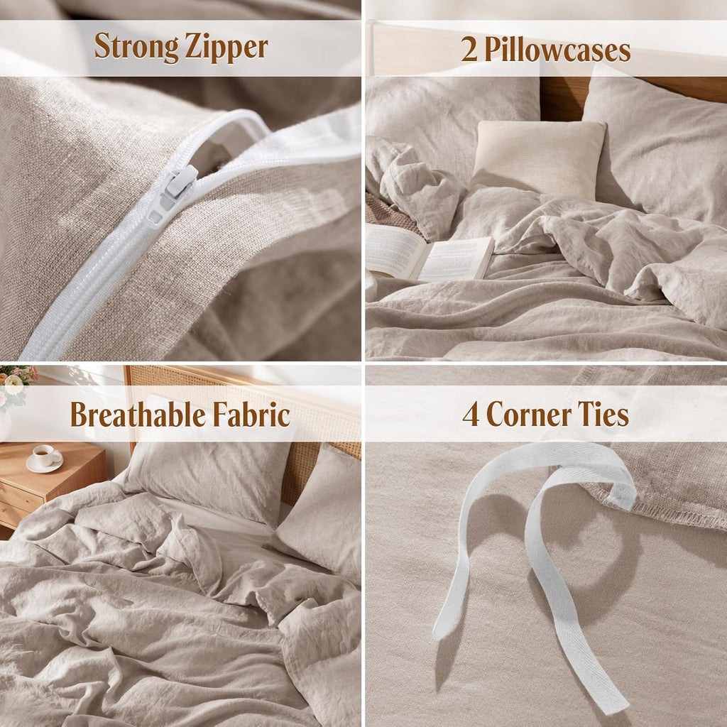 LBRO2M 100% France Linen Duvet Cover Set 3 Pcs Flax Comforter Cover with Zipper Closure 2 Pillowcase 1 Breathable Duvet Cover Full Size, Linen Color