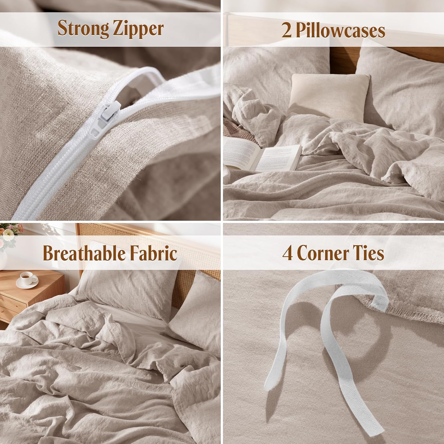 LBRO2M 100% France Linen Duvet Cover Set 3 Pcs Including 1 Flax Comforter Cover with Zipper Closure, 2 Pillowcase, Cozy Duvet Cover California King Size Linen Color