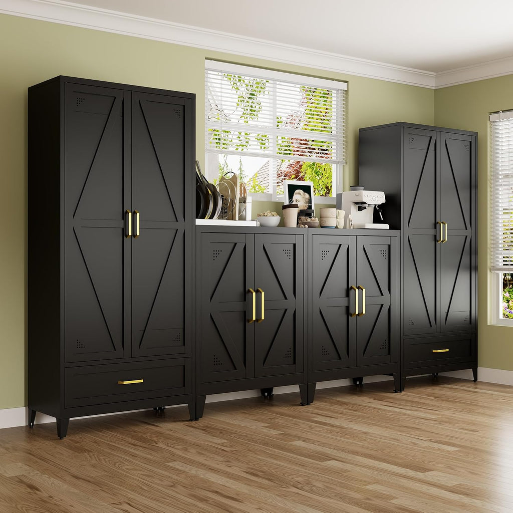 71' Tall Kitchen Pantry Storage Cabinet with Barn Doors, Drawer & Adjustable Shelves, Freestanding Storage Kitchen Cupboard, Versatile Food Pantry for Dining Room, 32' Wide,Black