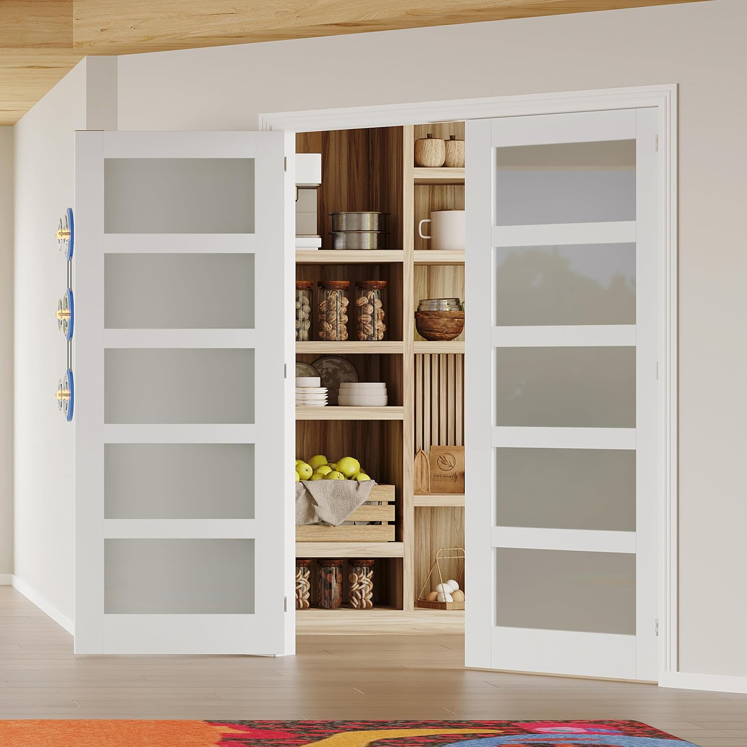 French Doors, 72' x 80', 5-Lite Frosted Glass Pantry Door, Interior Door for Home and Laundry, Solid Core & MDF with Prehung Door Jamb & Hardware Kit - Easy to Install