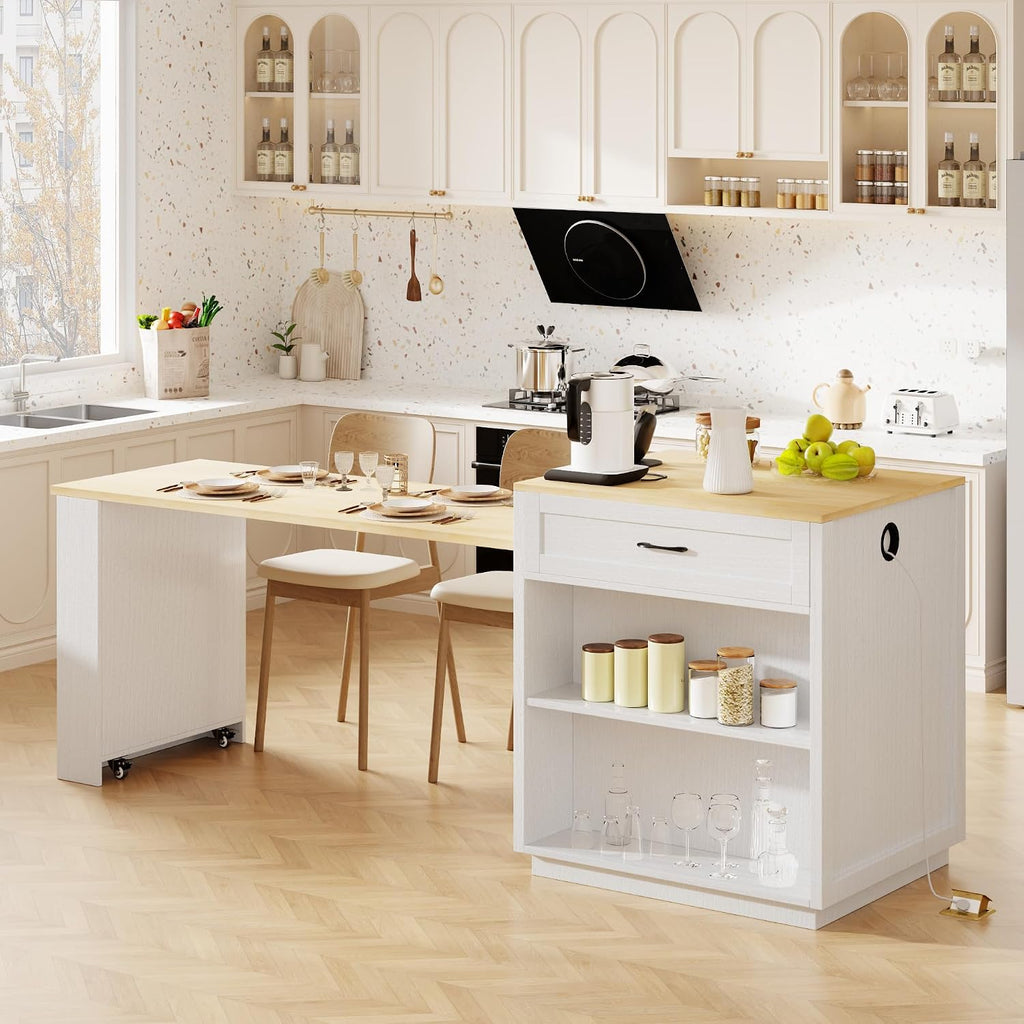 RUNNA Kitchen Island with Extendable Dining Table for 4-6 Person,Two-Tone KitchenTable, Power Outlet, Kitchen Island with Storage 2 Drawers 2 Side Open Shelves (White Oak~010)