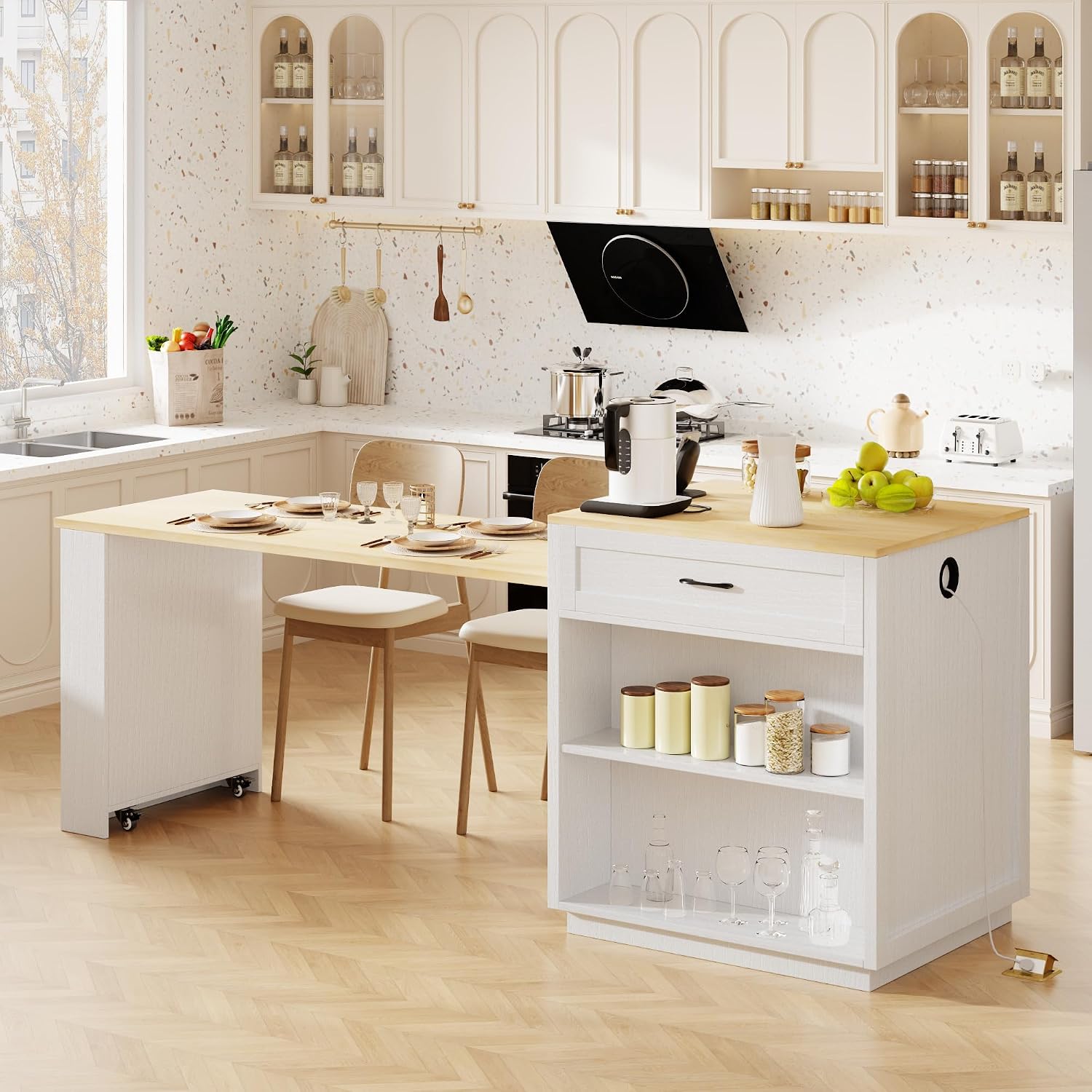 RUNNA Kitchen Island with Extendable Dining Table for 4-6 Person,Two-Tone KitchenTable, Power Outlet, Kitchen Island with Storage 2 Drawers 2 Side Open Shelves (White Oak~010)