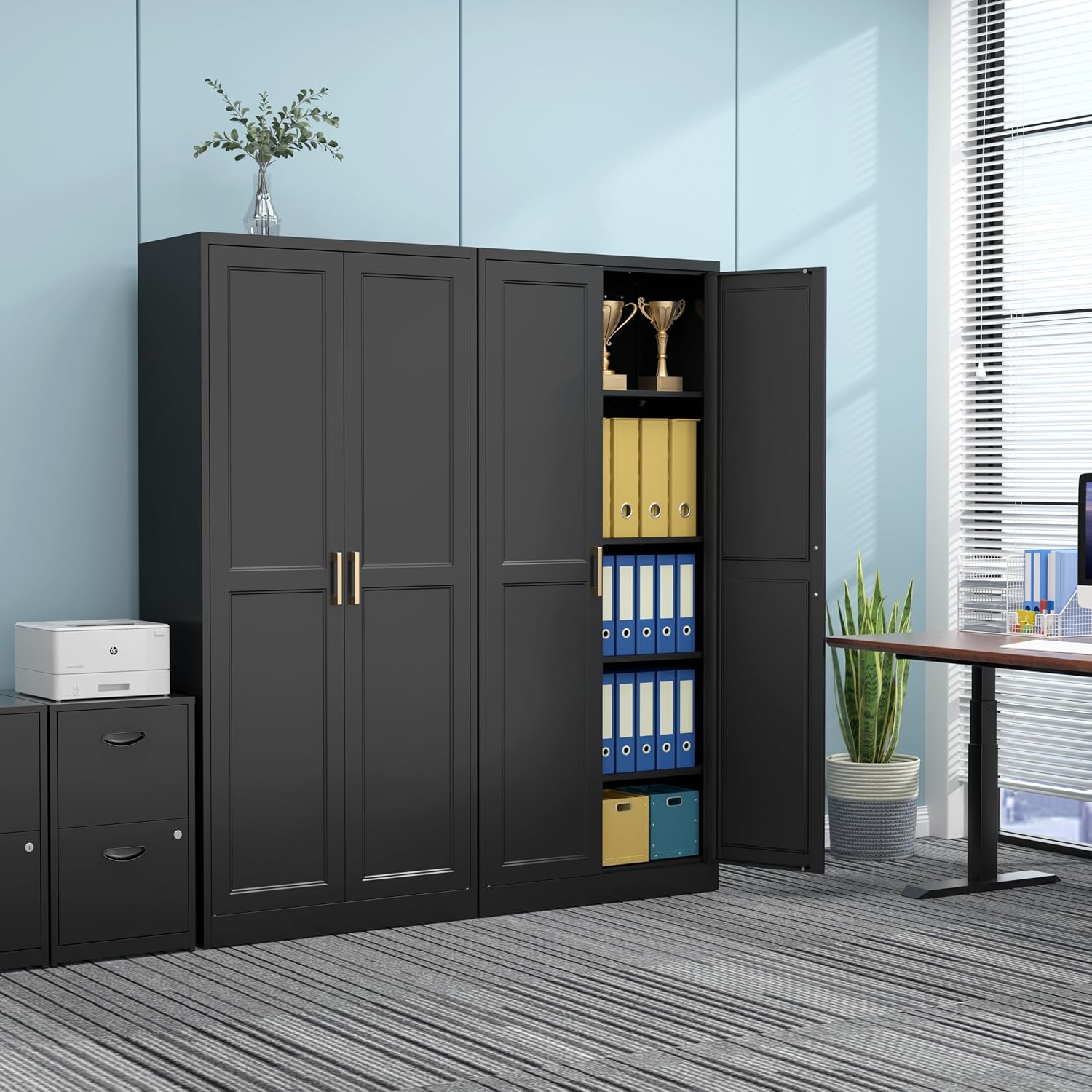 71' Tall Metal Pantry Cabinet, Black Kitchen Pantry Storage Cabinet with 4 Adjustable Shelves and Gold Handles, Cupboard for Kitchen, Dining Room, Living Room, Bathroom